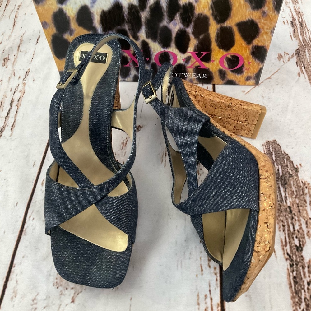 XOXO DENIM AND CORK SLINGBACK HEELS